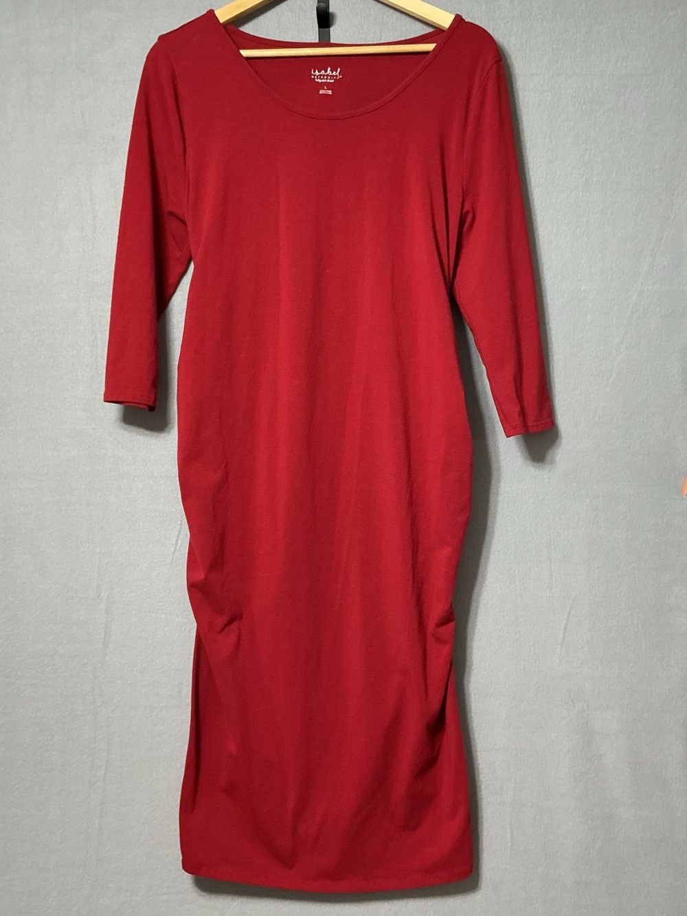 Isabel Maternity Red Ruched Midi Dress Women’s L 3/4 Sleeve Stretch